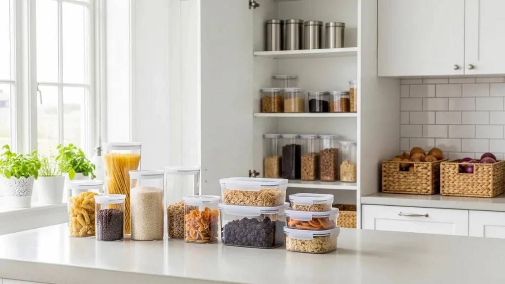 Organized kitchen countertop with pantry storage containers and wooden utensils
