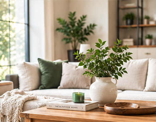 Sunlit living room with natural textures and greenery